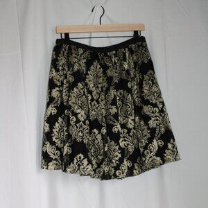 Garnet Hill Silk Black Mesh Metallic Gold Pattern Skirt Knee Length Size 6